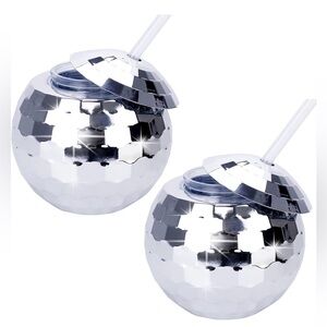 Set of 9 Silver Disco Ball Drink Cups and disco ball foil balloons